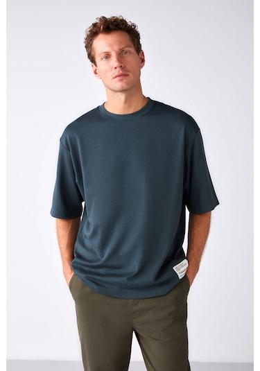 Joel Erkek %100 Organik Pamuklu Kalın Kumaşlı Özel Dokulu Etiket Detaylı Oversize Yeşil T-shirt