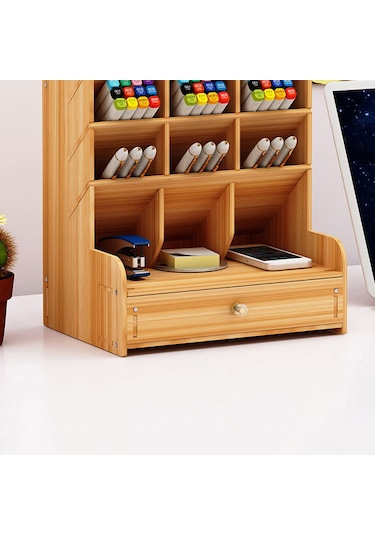Ahşap Masaüstü Organizatör Çok Fonksiyonlu Kalemlik Kahverengi Kahverengi