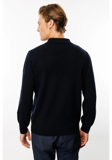 Desen Triko Erkek Polo Yaka Önü Baklava Desenli Yün Kazak 24513 Koyu Lacivert Koyu Lacivert