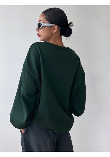 Transition Sweatshirt - Yeşil Baskılı Oversize Kalın Kışlık Bisiklet Yaka Yeşil