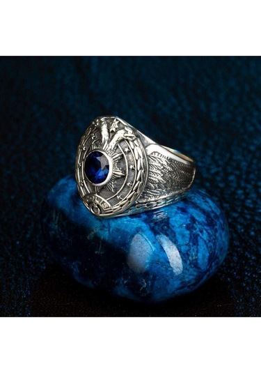Çift Başlı Kartal Motifli Ay Yıldız Detaylı Mavi Taşlı 925 Ayar Gümüş Polis Yüzüğü