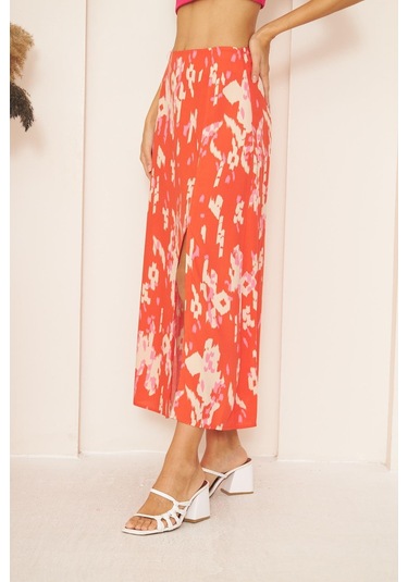 Kırmızı Desenli Yırtmaçlı Midi Etek Dm2014 Kırmızı