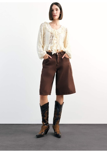 Defacto V Yaka Önden Bağlamalı Volanlı Dantel Bluz F9717ax25smer105 Ekru