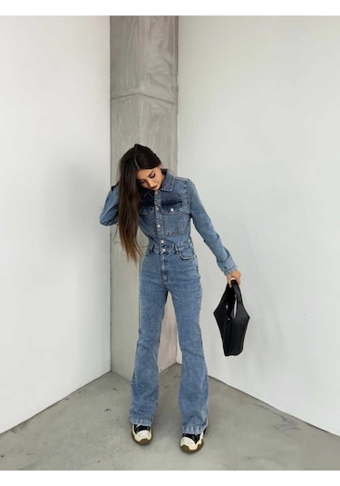 Shevega Kadın Mavi Ispanyol Paça Ceketli Denim Tulum Mavi