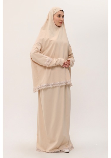 Bej İki Parça Namaz Elbisesi Pamuk Kumaş Dantelli 2205 12 Bej