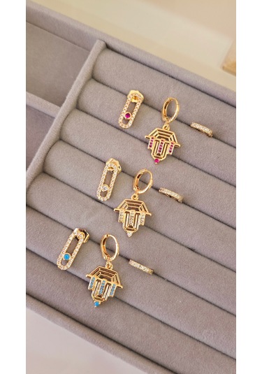 Pembe Taşlı Üçlü Şövalye Çelik Küpe Gold