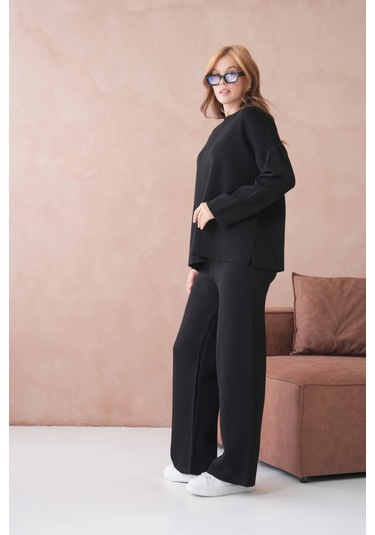 Kadın Bisiklet Yaka Düşük Kol Kazak Pantolon İkili Triko Takım Siyah
