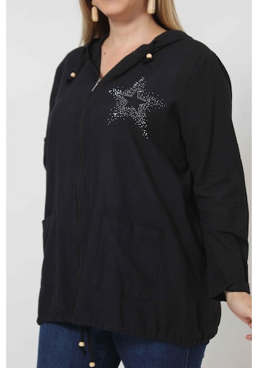 B1016s Siyah Yıldız Baskılı Kapüşonlu Fermuarlı Ceket 001