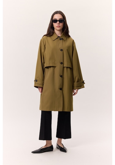 Bel Ayarlamalı Hafif Trençkot Zeytin Yeşili Zeytin Yeşili