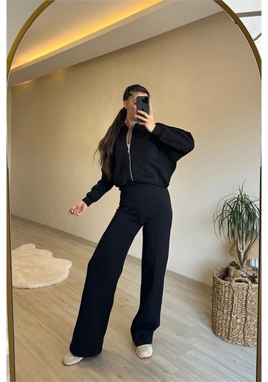 Neşeli Butik Kadın Fermuarlı Oversize Sweat Ve Yüksek Bel Eşofman Takımı Nm018 Siyah