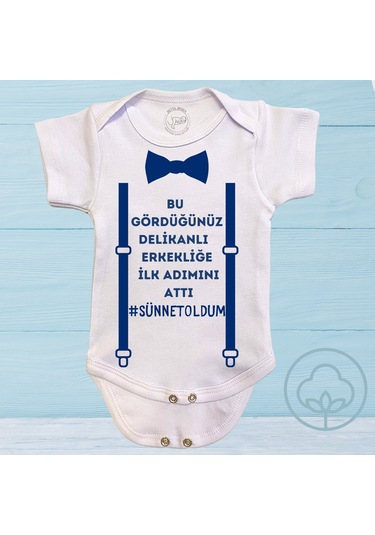Sünnet Oldum Erkekliğe İlk Adım Baskılı Çıtçıtlı %100 Organik Pamuk Bebek Body Zıbın Beyaz