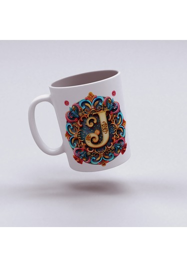 J Harfi Boho Bardak, Renkli Özel Tasarım Hediyelik Harfli Kupa, 330ml Porselen Beyaz