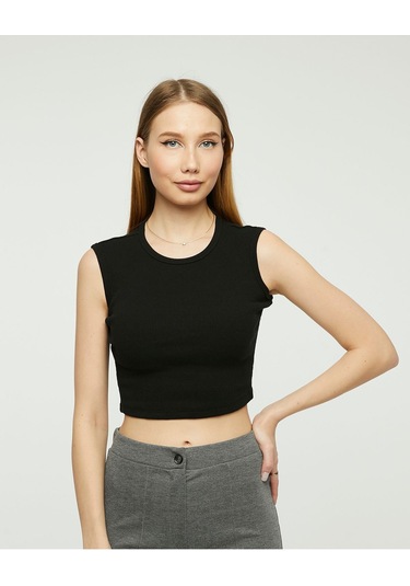 Bella Dossi Rahat Siyah Kaşkorse Kolsuz Sıfır Yaka Kadın Crop Top Siyah