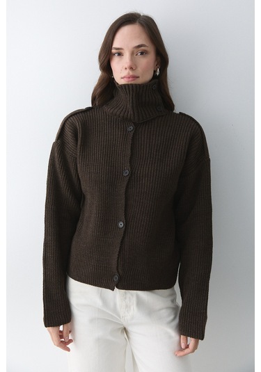 Laluvia Dik Yaka Apoletli Hırka - 2028 Acı Kahve