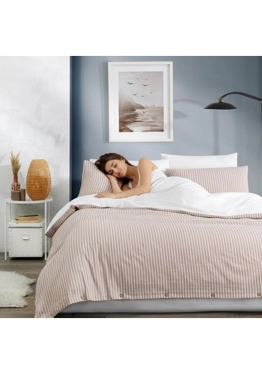 Çift Kişilik %100 Pamuk Ranforce Düğmeli Nevresim Takımı Lastikli Çarşaflı 200x220 Cm Bej Bej