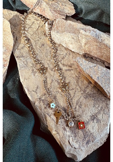 Kaplan Model Anahtar Tasarım Zirkon Taşlı Örgü Zincir Kadın Paslanmaz Çelik Gold Renk Kolye Altın