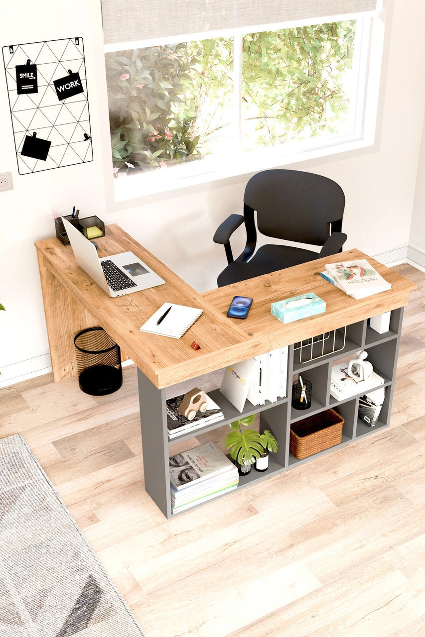 Corn Köşe Çalışma Masası Raflı Bilgisayar, Ofis Masası Atlantik Çam - Antrasit Gri Atlantik Çam - Antrasit