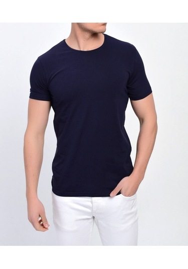 Nacar Store Erkek Siyah Bisiklet Yaka Likralı Basic T-shirt Lacivert