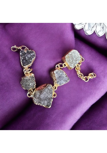 Altın Varak Kaplama El Yapımı Tasarım Doğal Taş Ametist Bileklik / Bilezik Altın - Gümüş