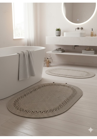 Üçlü Banyo Seti 2 Paspas- 1 Organizer Sepet Jüt İp Ekru - Hardal