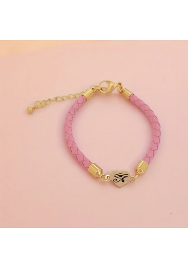 Archin Dünya Gözü Temalı 14 Ayar Altın Plakalı Pembe Derili Kalp Figürlü Hediye Bileklik-473sembol Dünya Gözü