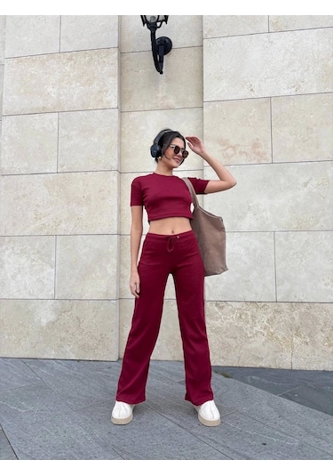 Bol Paça Pantolonlu Alt Üst Takım Bordo