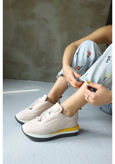 Balla Pudra Hakiki Deri Kadın Sneaker-Pudra