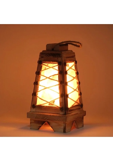Lebron Ahşap Hasır Ipli Piramit Tuz Lambası Açık Ahşap