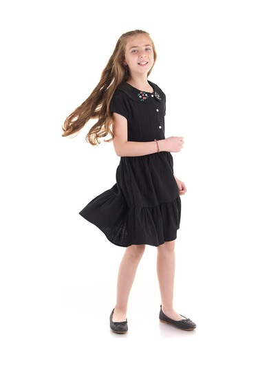 Ahengim Kız Çocuk Düğmeli Yaka Nakışlı Elbise Trend Pamuklu Pamuklu Ak2523 Siyah