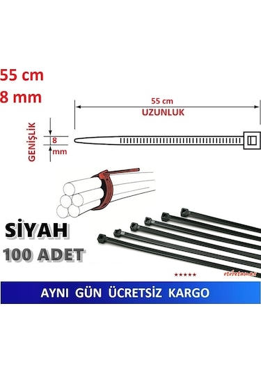 100 Adet 55Cm X 8Mm Plastik Kelepçe Kablo Bağı Siyah