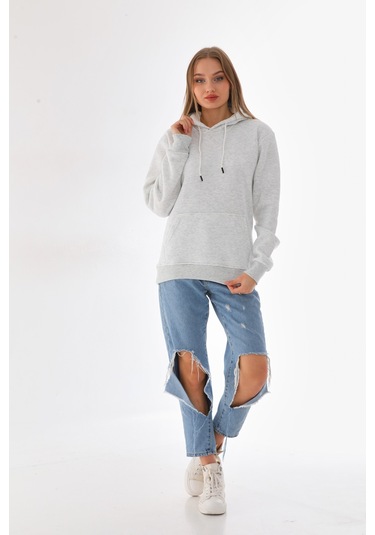 Everest Everst Kapüşonlu 3 İplik Şardonlu Cepli Sweatshirt Karmelanj Kar Melanj