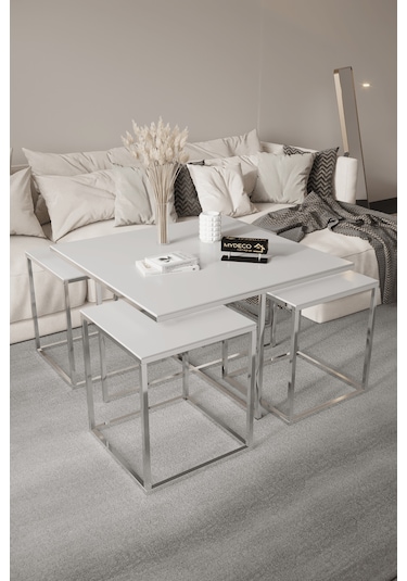 4+1 Gümüş Kaplama Beyaz 10 Mm Glossmax Parlak Mdf Orta Sehpa