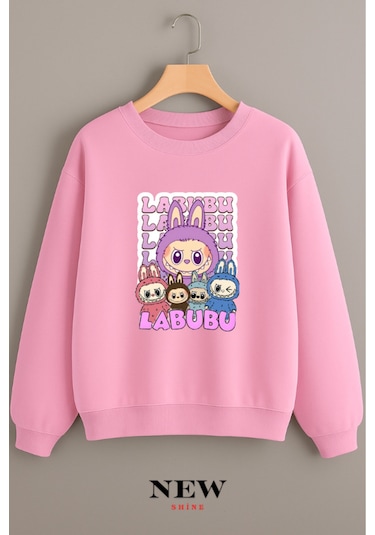 Labubu Baskılı Bisiklet Yaka Sweatshirt Pembe