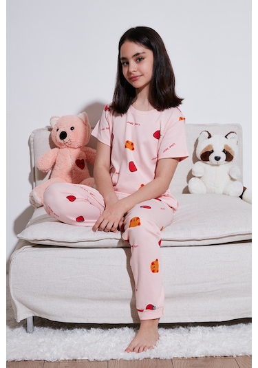 Lela % 100 Pamuk Bisiklet Yaka Kısa Kollu Kız Çocuk Pijama Takımı 6651002 Pembe