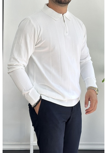 Erkek Yarım Fermuarlı Polo Yaka Mevsimlik Kazak Beyaz Edw195 Beyaz