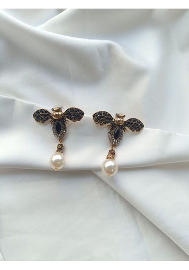 Gold Siyah Taşlı Tasarım Küpe Altın