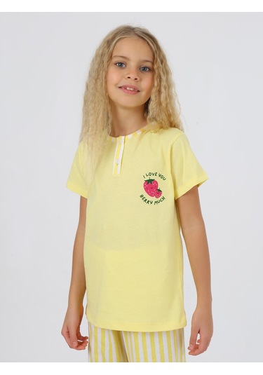 Kız Çocuk Kısa Kollu %100 Pamuklu Strawberry Pijama Takımı Sarı Sarı