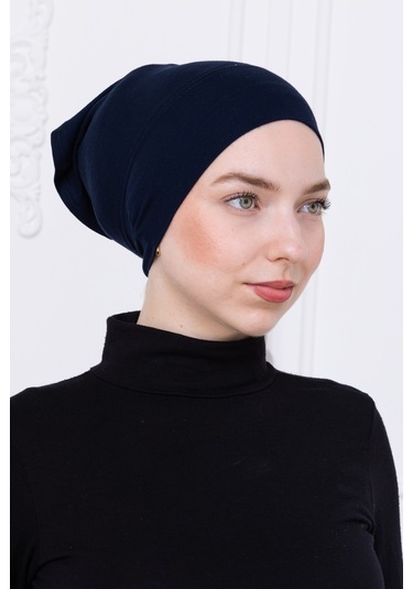 Pratik Boru Bone Lacivert Geçmeli - Kaymaz Önü Dikişsiz Kadın Tesettür Hazır İç Bone Lacivert