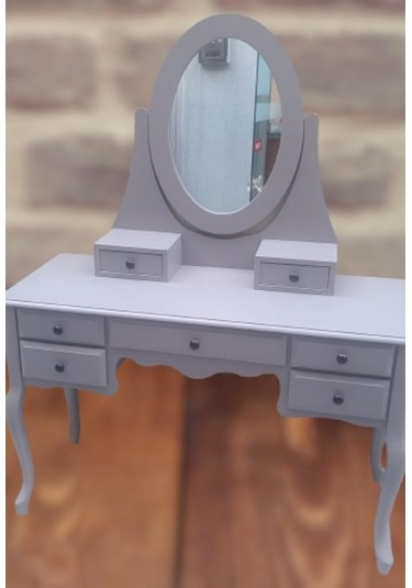 Dresuar makyaj masa 7 çekmece kayın aslan ayak parlak lake gri hareketli ayna kutuda sevk el yapım Gri