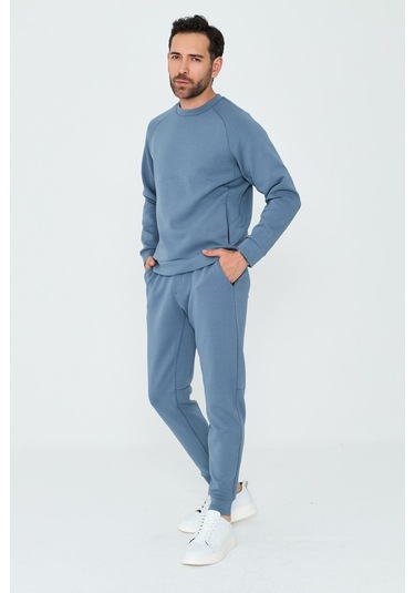 White Stone Mavi Pamuklu Erkek Basic Sweatshirt Blue
