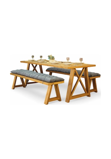 Neiwel Pina Doğal Ahşap Banklı Mutfak Ve Yemek Masası Takımı-80-240 Takım Açık Ceviz