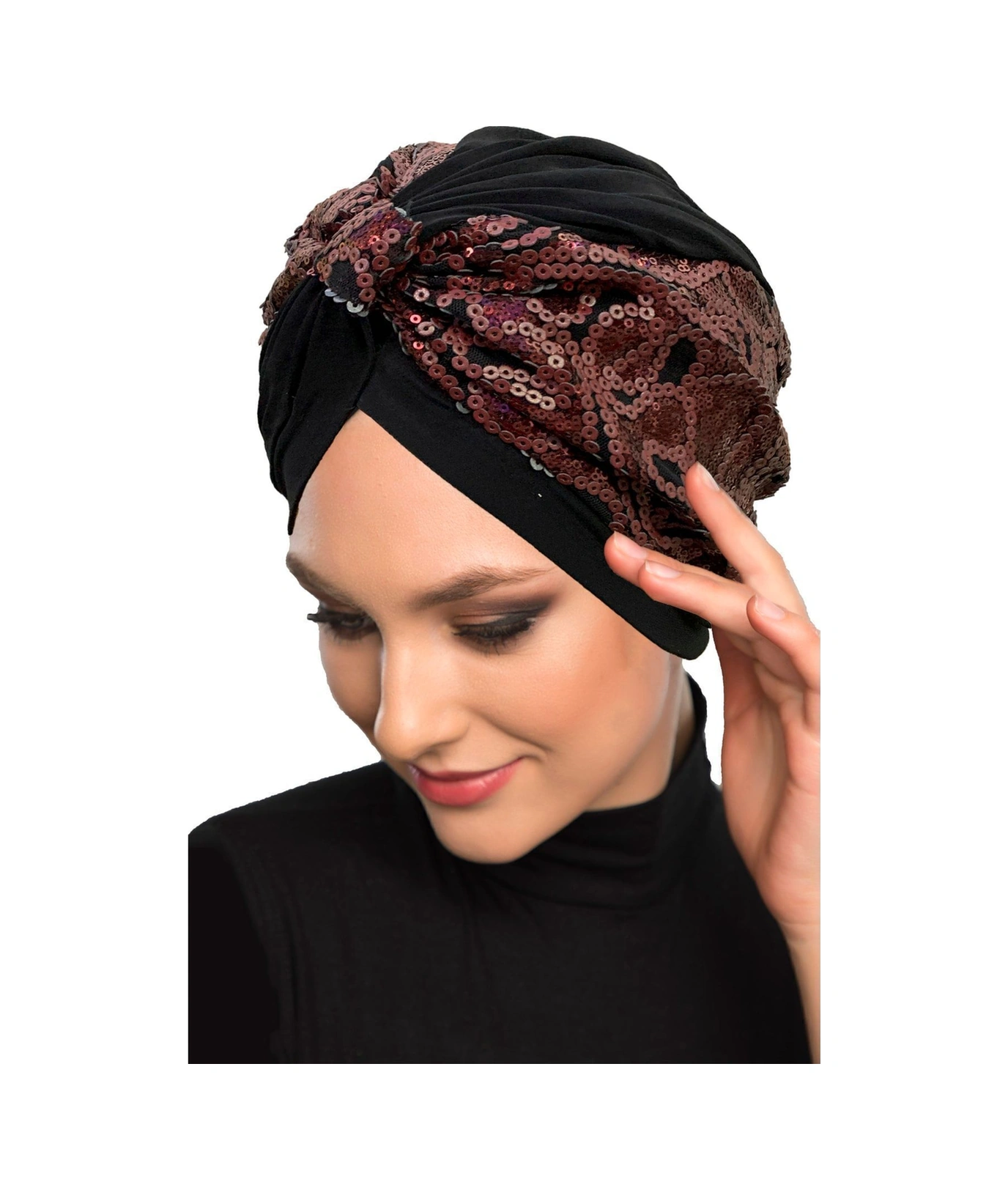 Özel Tasarım Siyah Üzeri Bordo Desenli Payetli Astarlı Hazır Türban Tesettür Abiye Bone Siyah27