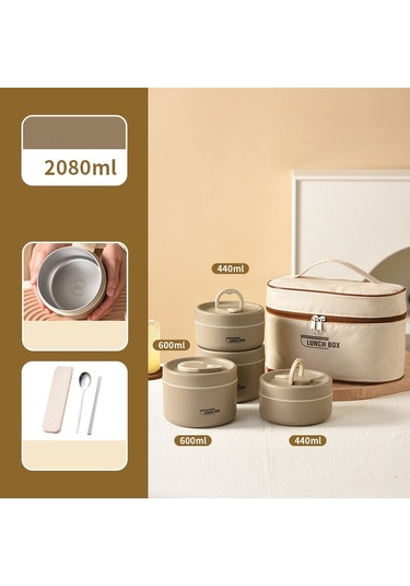 2 Adet Küçük + 2 Adet Büyük + Çatal Bıçak Takımı + Isınma Çantası 304 Paslanmaz Çelik Yalıtımlı Öğle Yemeği Kutusu İşe Gidip Gelmek İçin Öğle Yemeği Kutusu Kahverengi