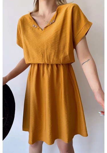 Kadın Hardal Kısa Kol, Kalp Yaka, Dokulu Desen, Bele Oturan, Aerobin Lastikli Bel Midi Elbise Hardal