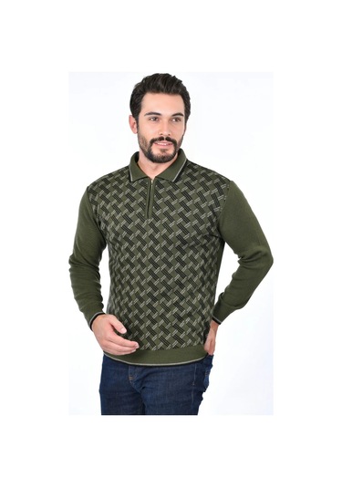Kamalı Erkek Çelik Örgü Gömlek Yaka Fermuarlı Polo Yakalı Çizgili Desen Tüylenmeyen Triko Kışlık Baba Kazak Haki