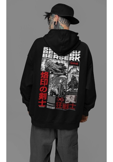 Sevbano Berserk Baskılı Unisex Oversize Anime Hoodie Siyah