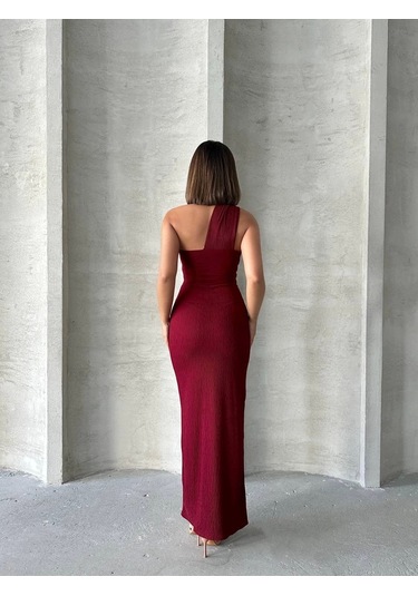 Krinkıl Tek Omuz Uzun Elbise Bordo S25455 Bordo