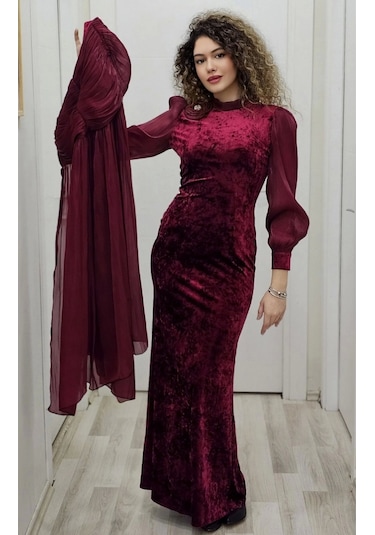 Çiçek Detaylı Çıkarılabilir Etekli Kadife Abiye 2752-bordo Bordo