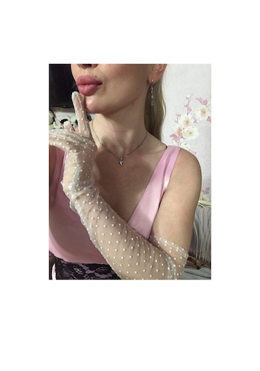 Uzun Boy Beyaz Puantiyeli Beyaz Renk Yetişkin Tül Eldiven Gelin Tül Eldiveni 55 Cm Çok Renkli