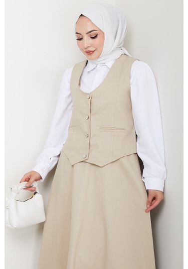 İkili Gabardin Yelek Etek Takım 1400 - Bej Bej